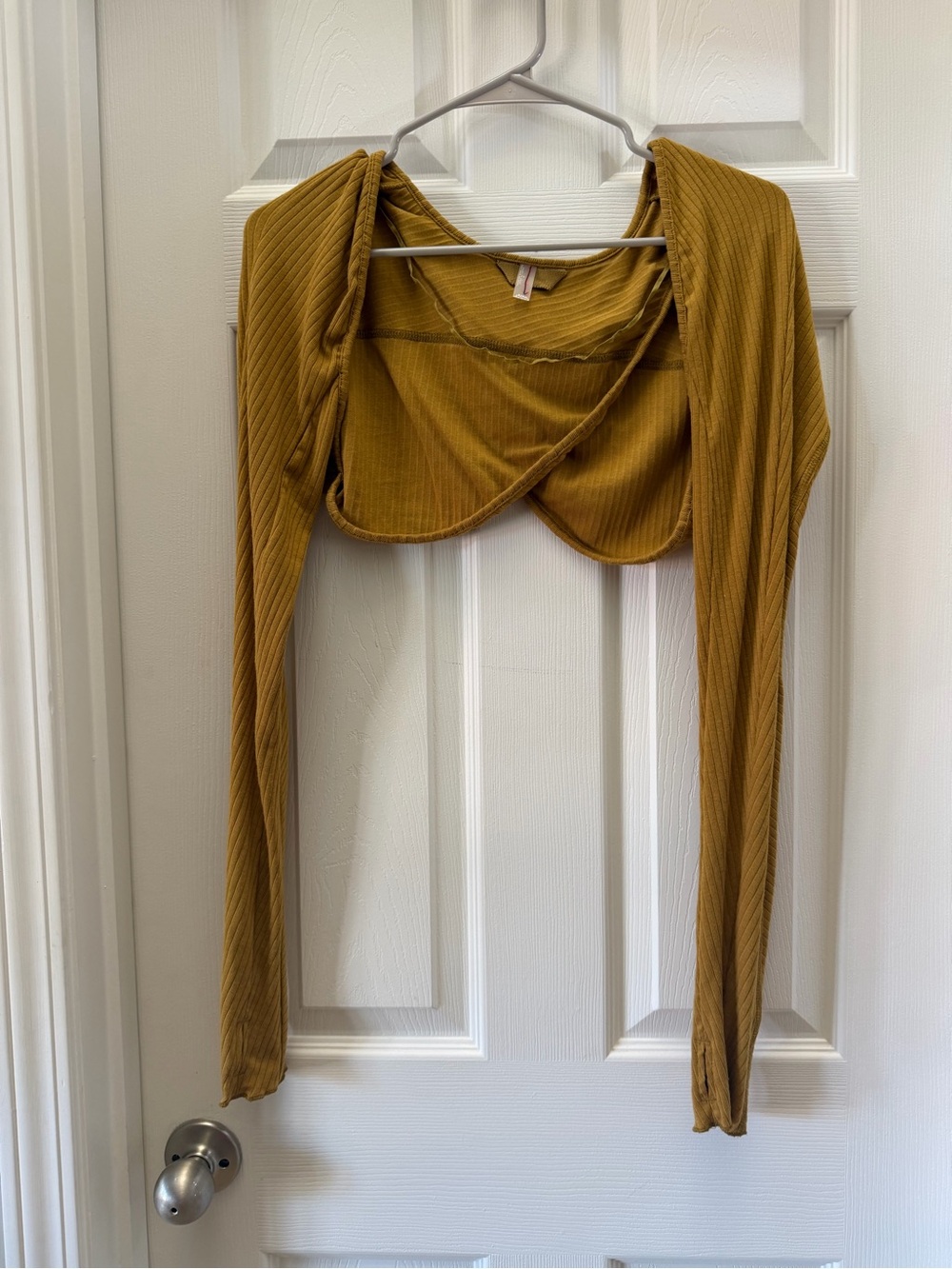 Free People Mustard Ribbed Long Sleeve Cropped Shrug Top Size Small